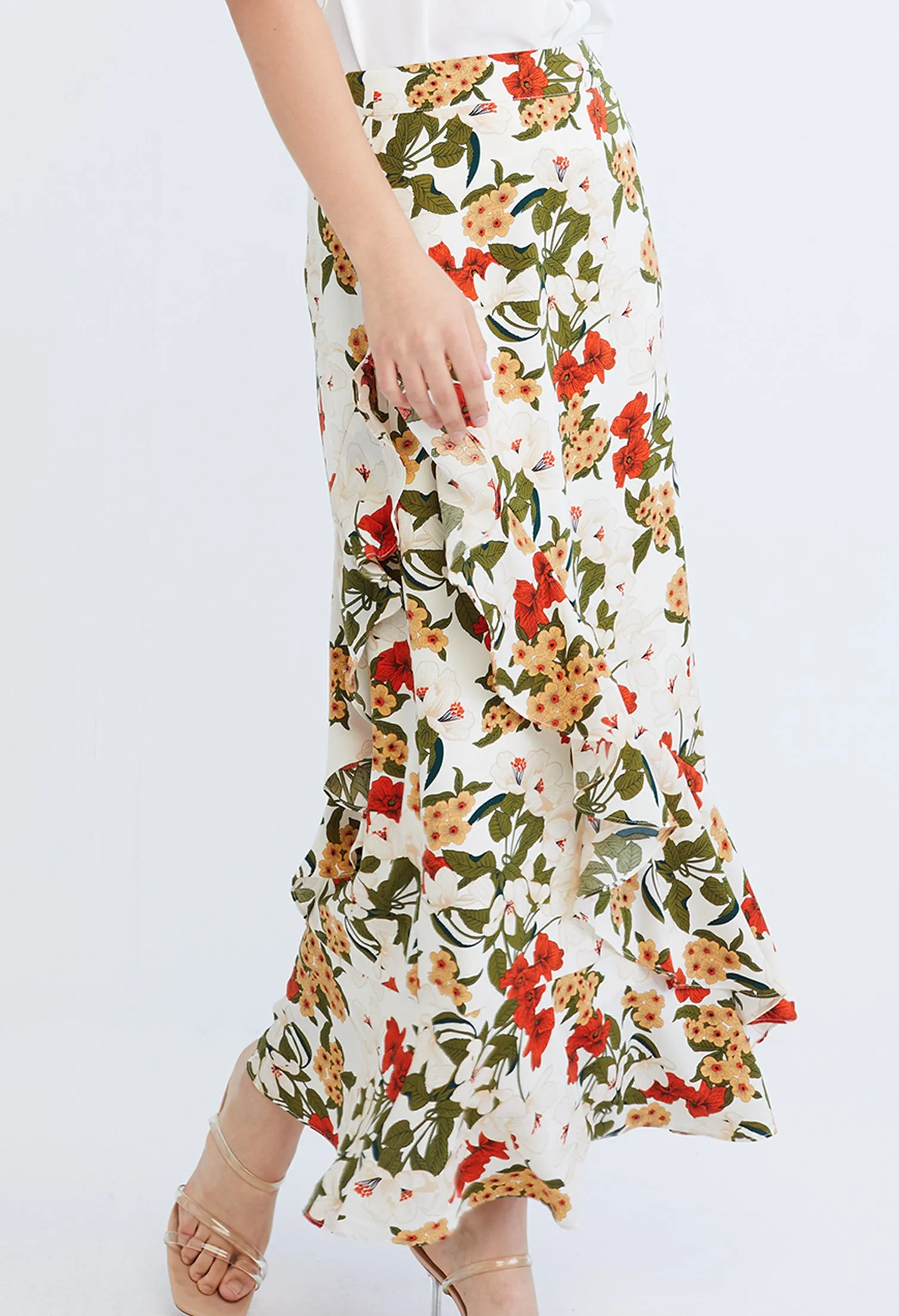 Floral Flutter Asymmetrical Maxi Wrap Skirt