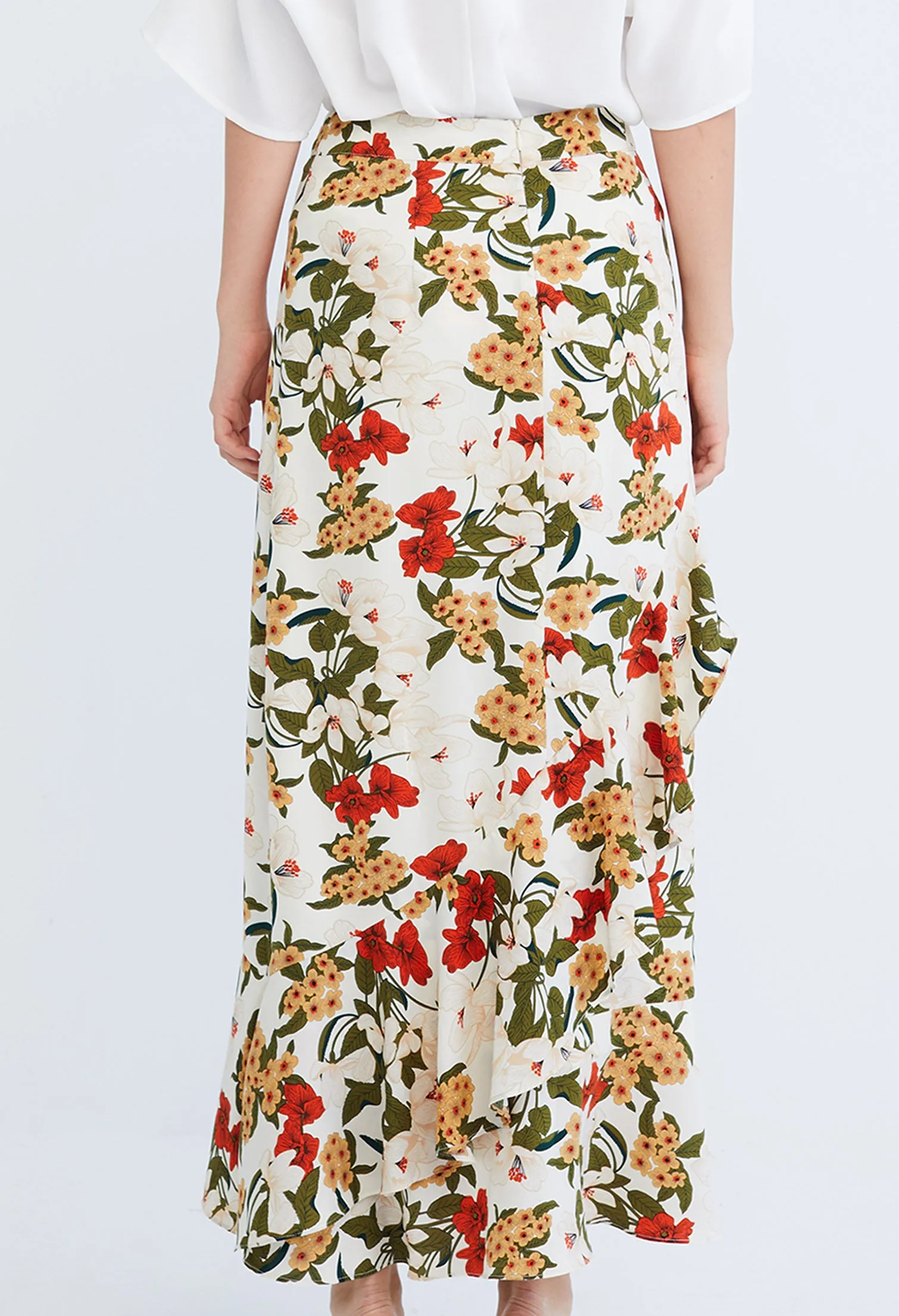 Floral Flutter Asymmetrical Maxi Wrap Skirt