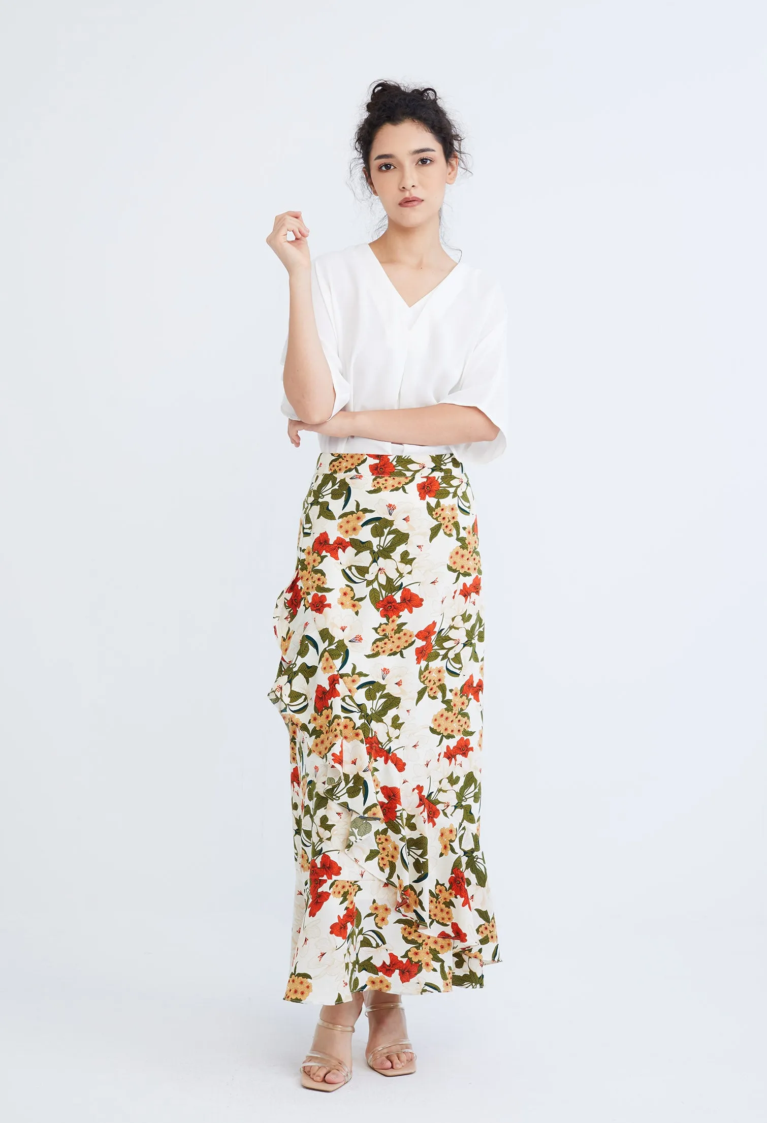 Floral Flutter Asymmetrical Maxi Wrap Skirt