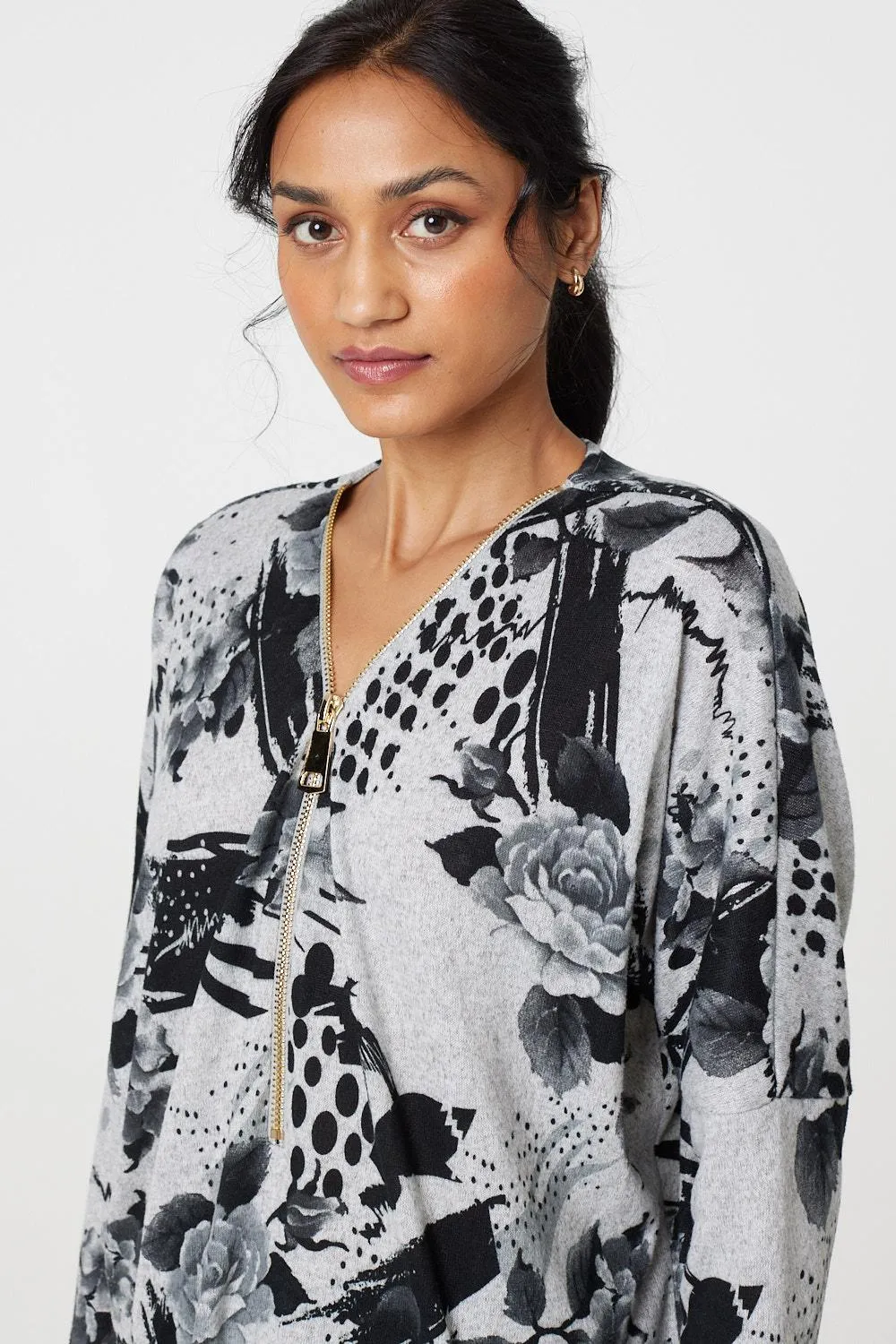 Floral Zip Front V-Neck Sweatshirt