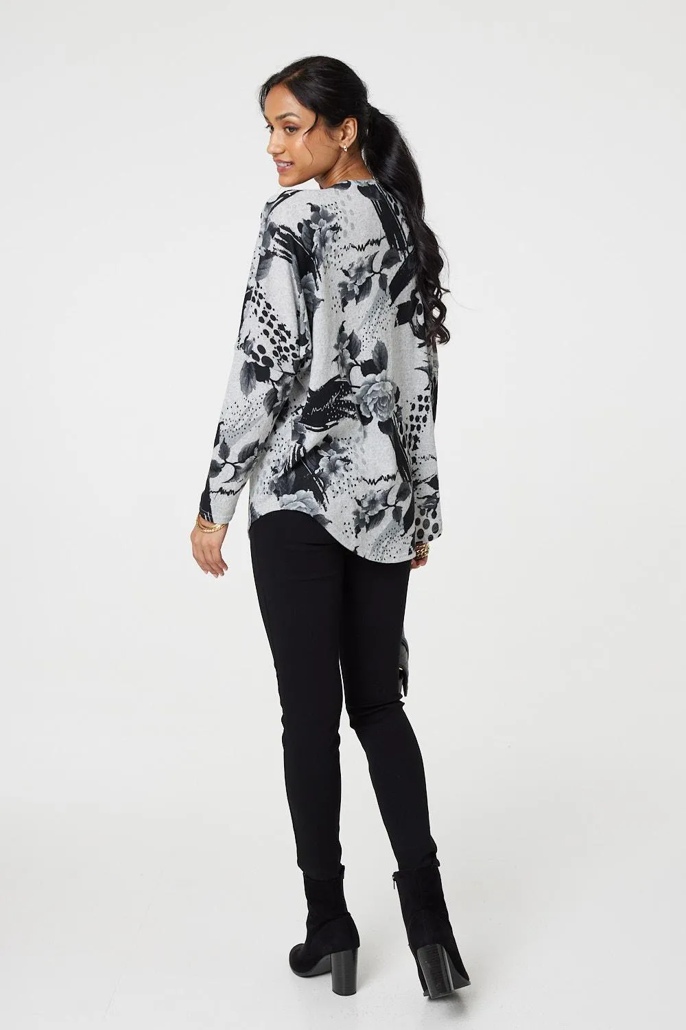 Floral Zip Front V-Neck Sweatshirt