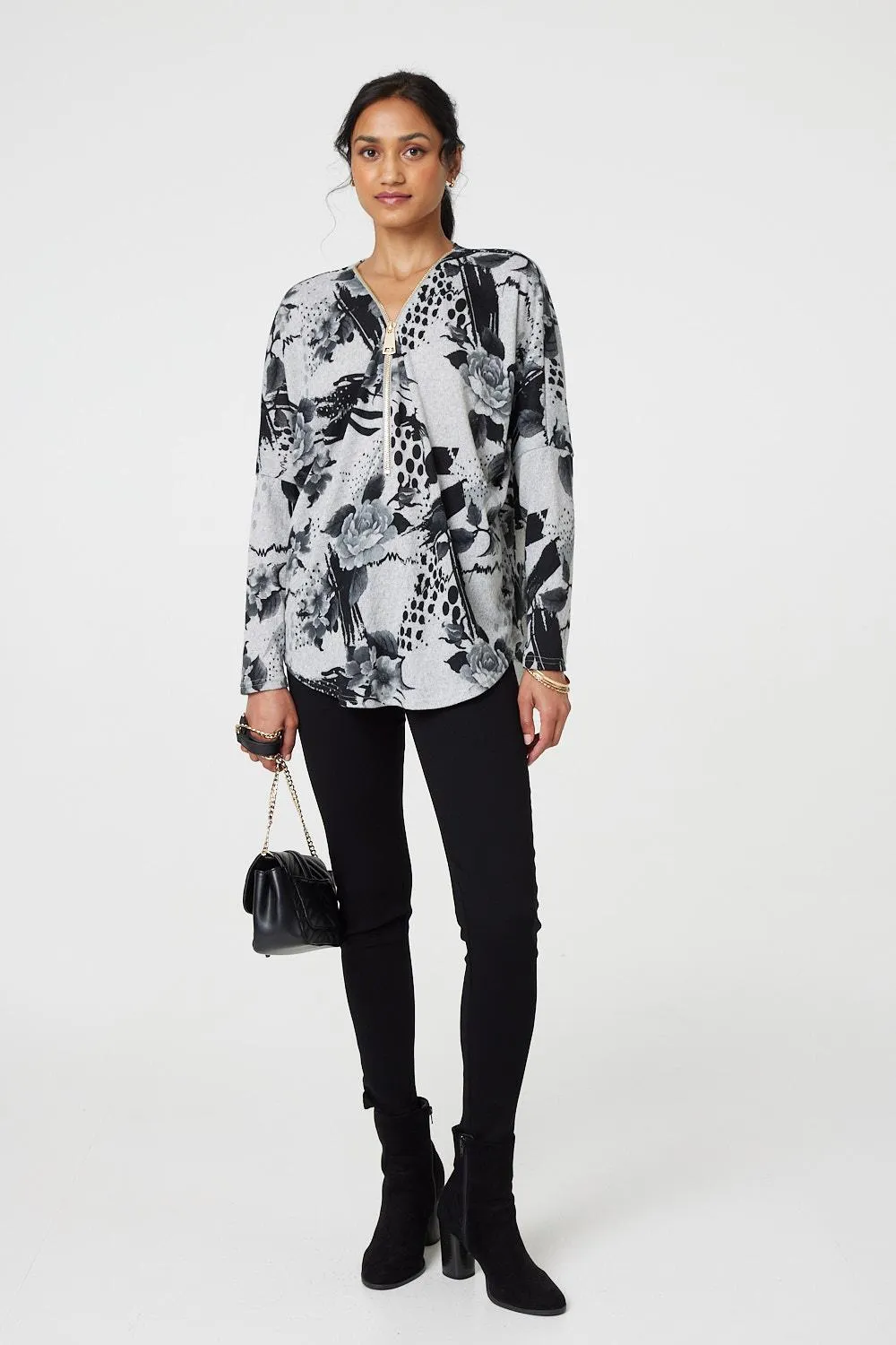 Floral Zip Front V-Neck Sweatshirt