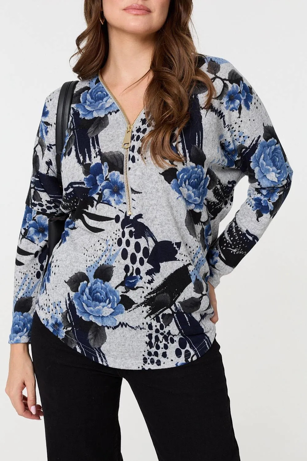 Floral Zip Front V-Neck Sweatshirt