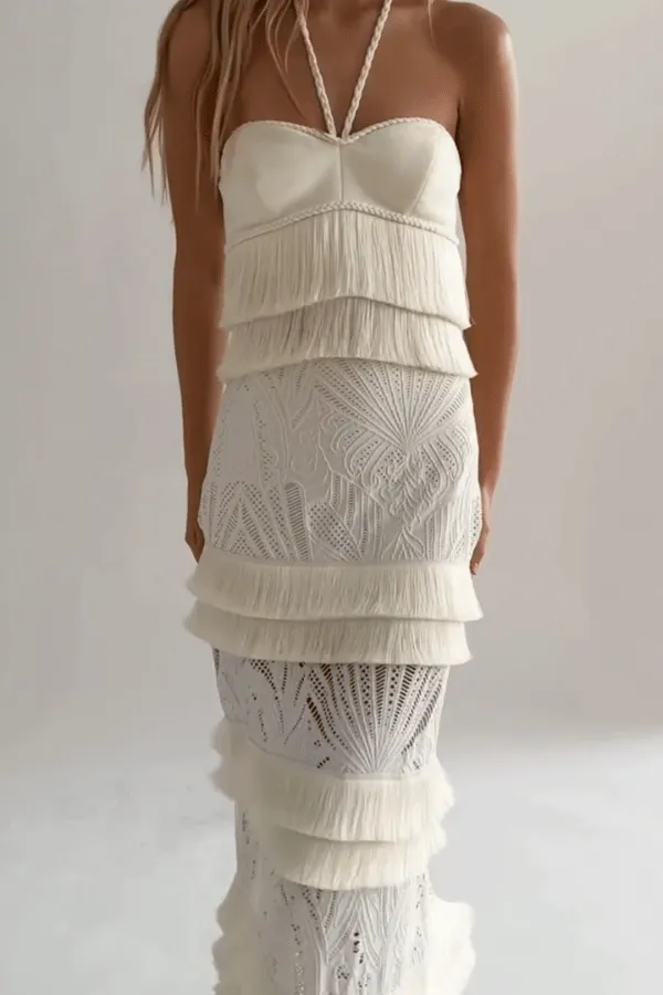 Fringe Trim Lace Maxi Skirt Ivory