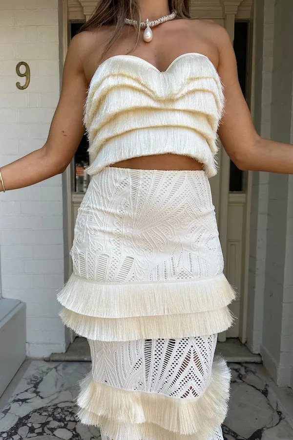 Fringe Trim Lace Maxi Skirt Ivory