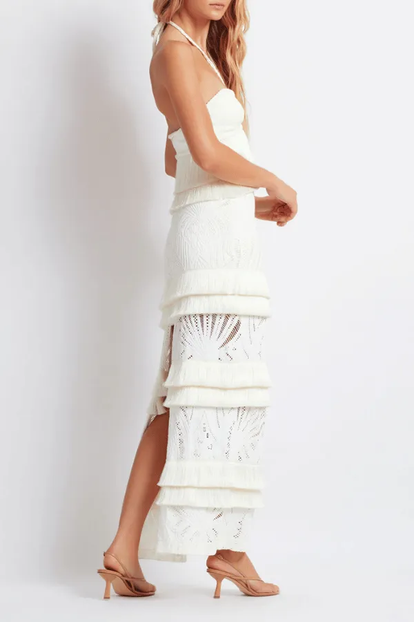 Fringe Trim Lace Maxi Skirt Ivory