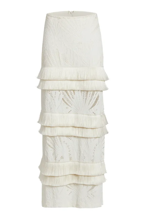 Fringe Trim Lace Maxi Skirt Ivory