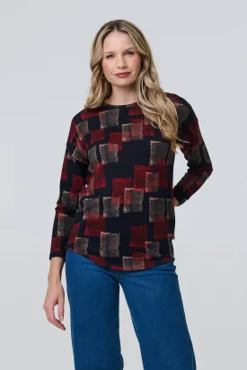 Geo Print Long Sleeve Curve Hem Top