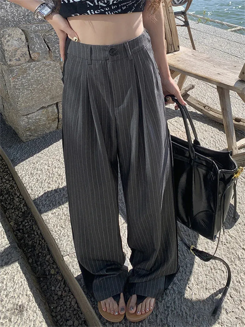 Girlary Grey Stripes Straight Trousers Women Summer Loose High Waist 2024 Fashion Streetwear Casual All Match Fashion Pants