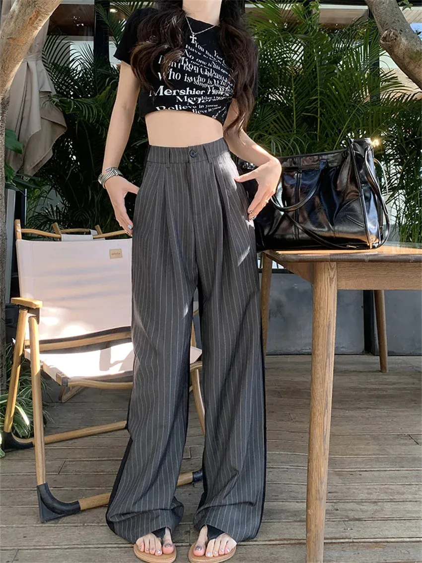 Girlary Grey Stripes Straight Trousers Women Summer Loose High Waist 2024 Fashion Streetwear Casual All Match Fashion Pants