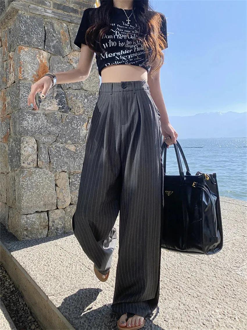 Girlary Grey Stripes Straight Trousers Women Summer Loose High Waist 2024 Fashion Streetwear Casual All Match Fashion Pants