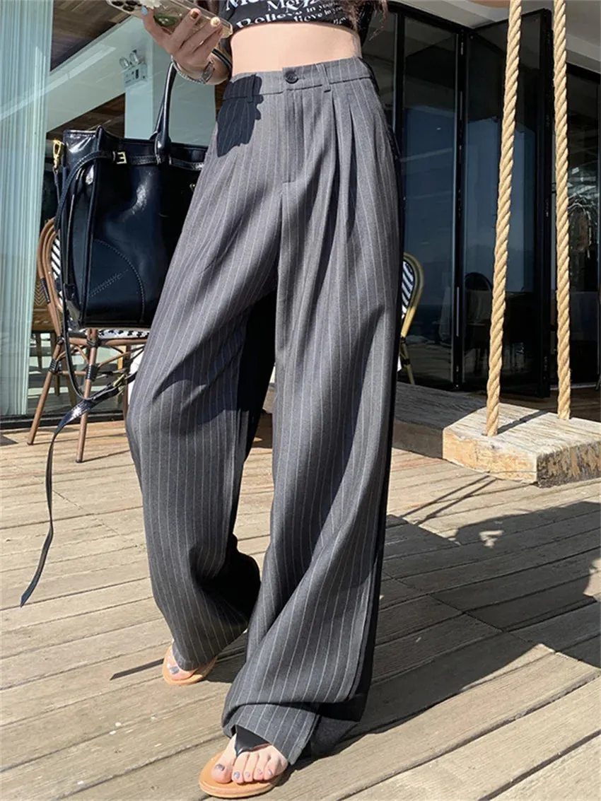 Girlary Grey Stripes Straight Trousers Women Summer Loose High Waist 2024 Fashion Streetwear Casual All Match Fashion Pants