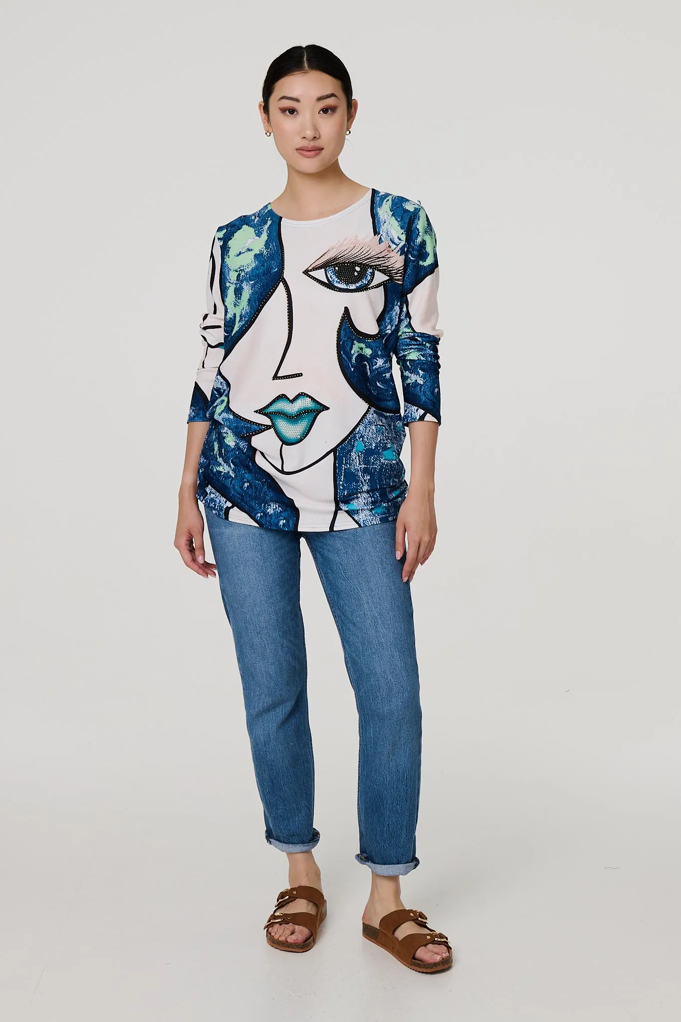 Graphic Diamante Print Long Sleeve Top