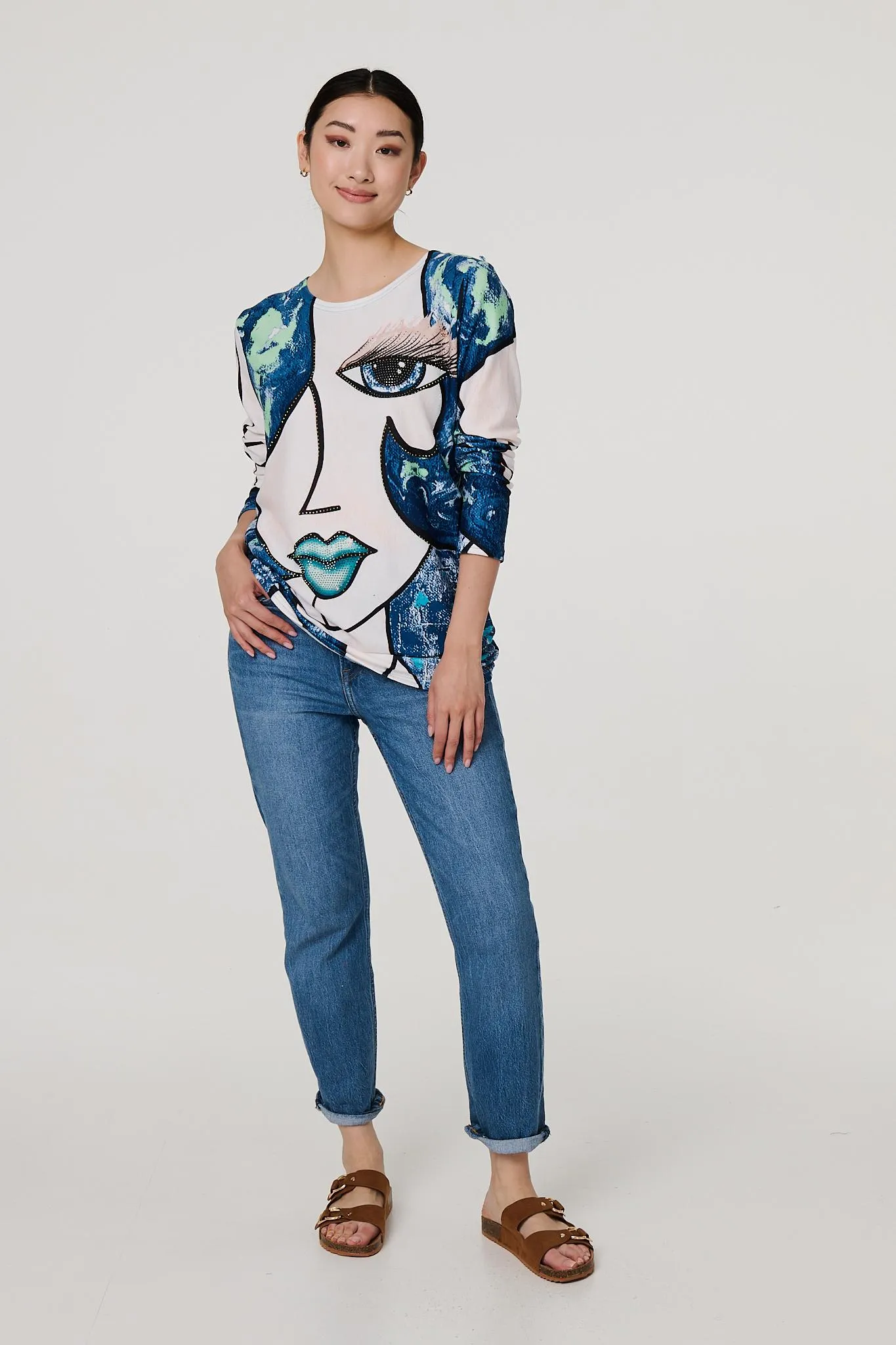 Graphic Diamante Print Long Sleeve Top