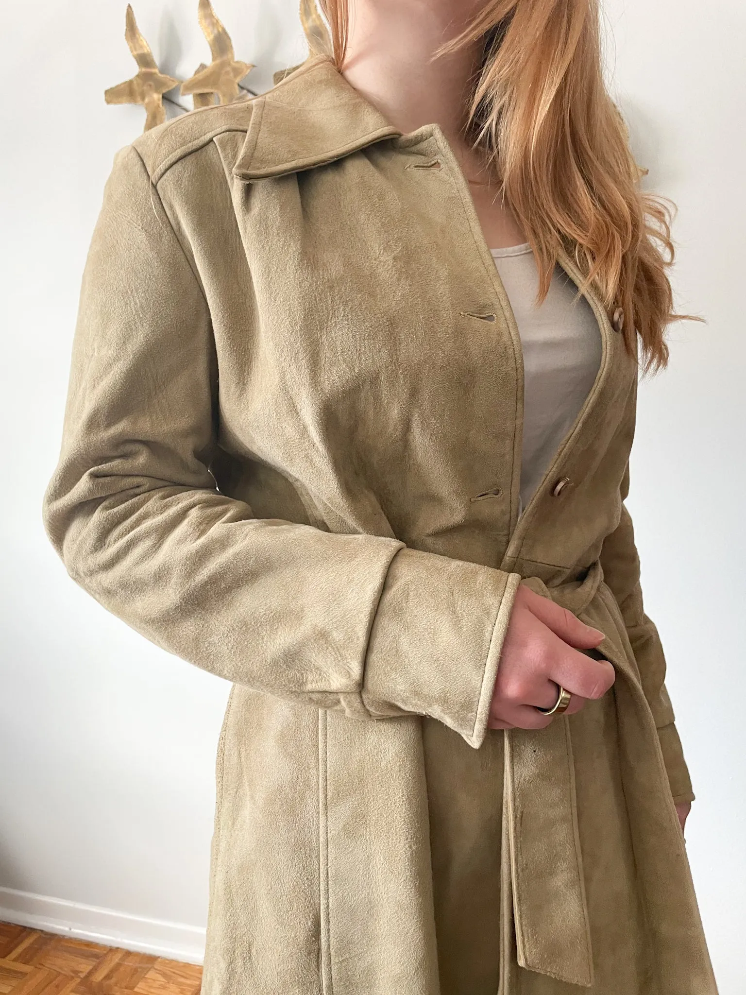 JJ Vintage Beige Suede Trench Dress Jacket - Small