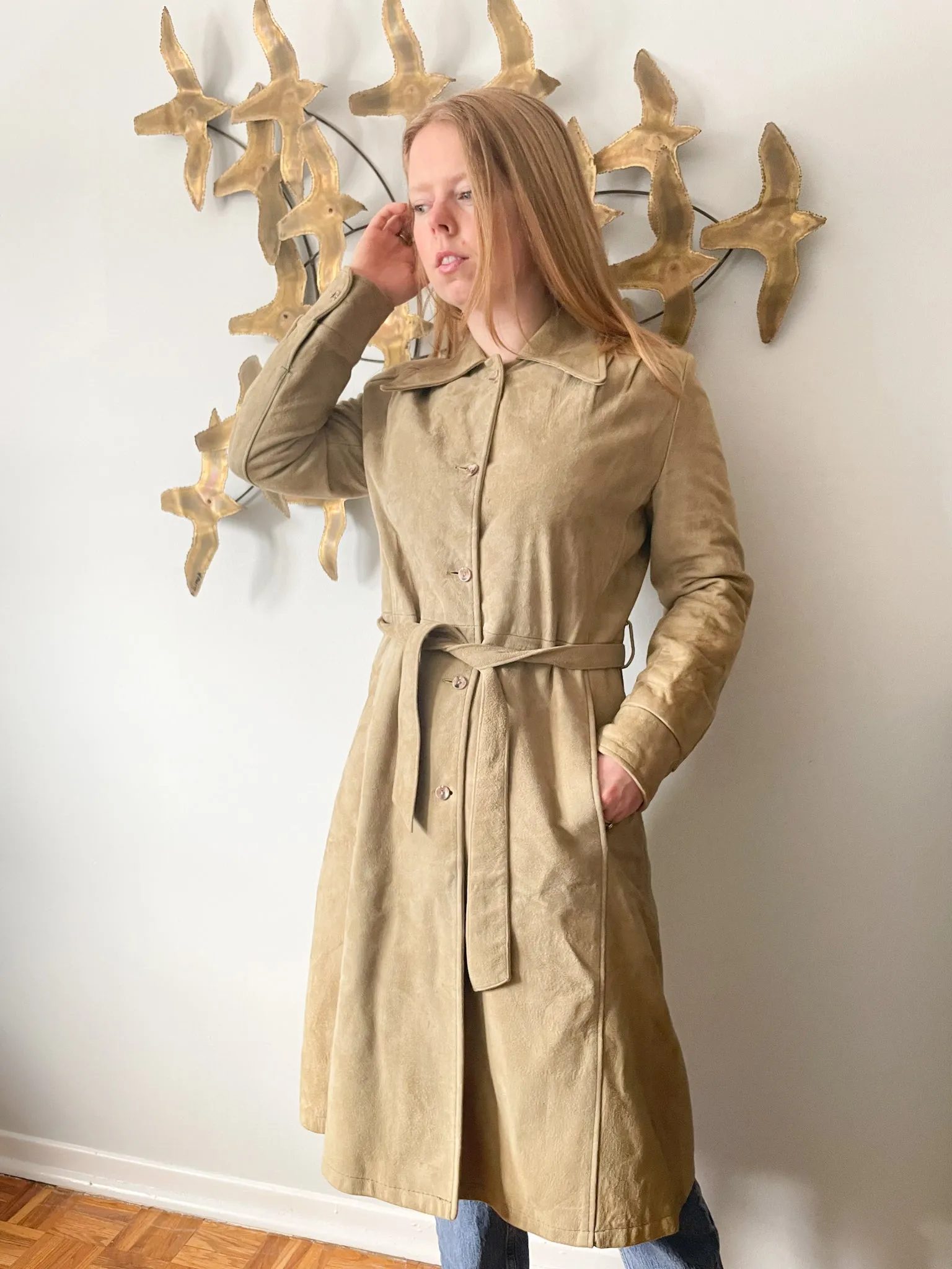 JJ Vintage Beige Suede Trench Dress Jacket - Small