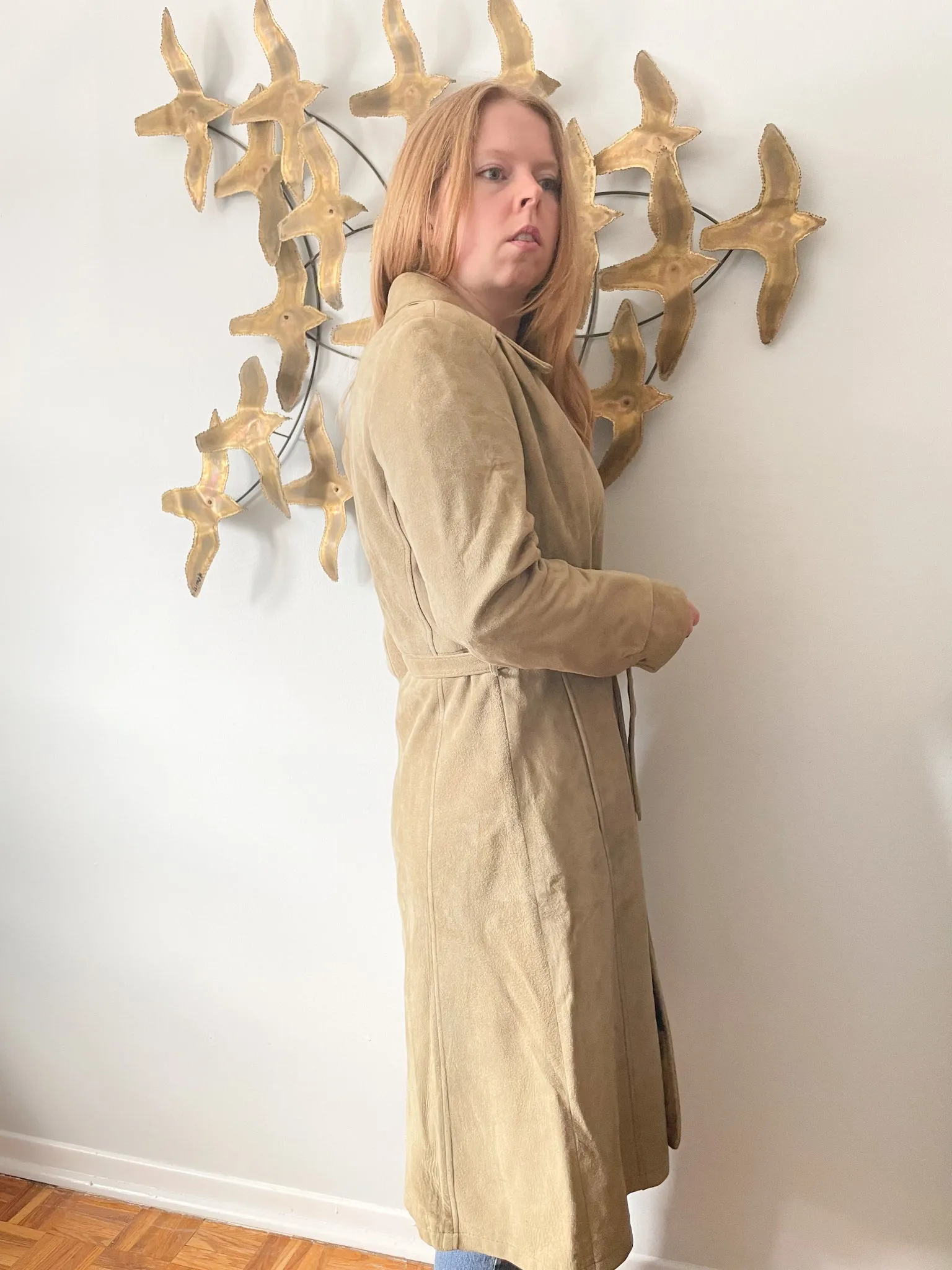 JJ Vintage Beige Suede Trench Dress Jacket - Small