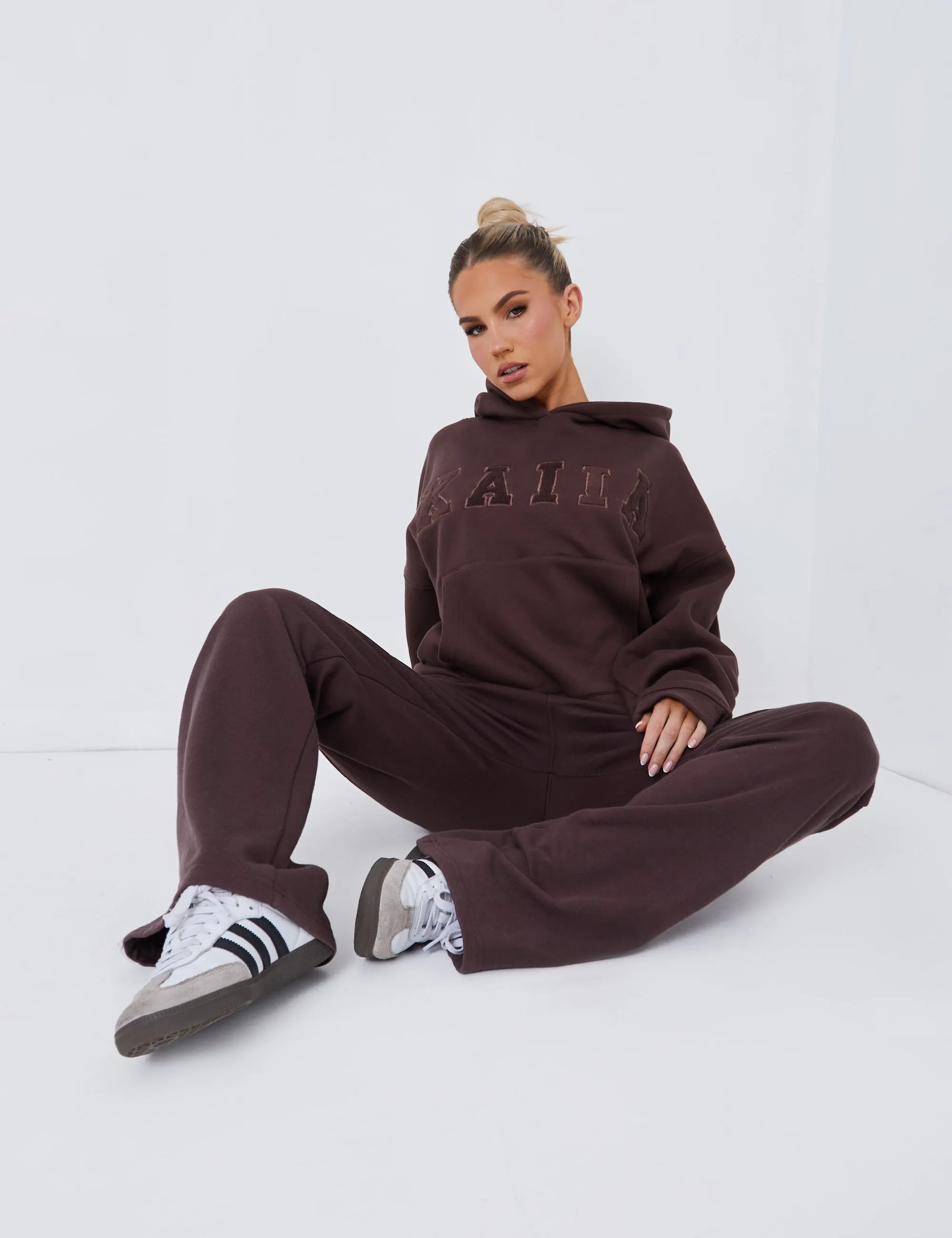 Kaiia Borg Slogan Oversized Hoodie Brown