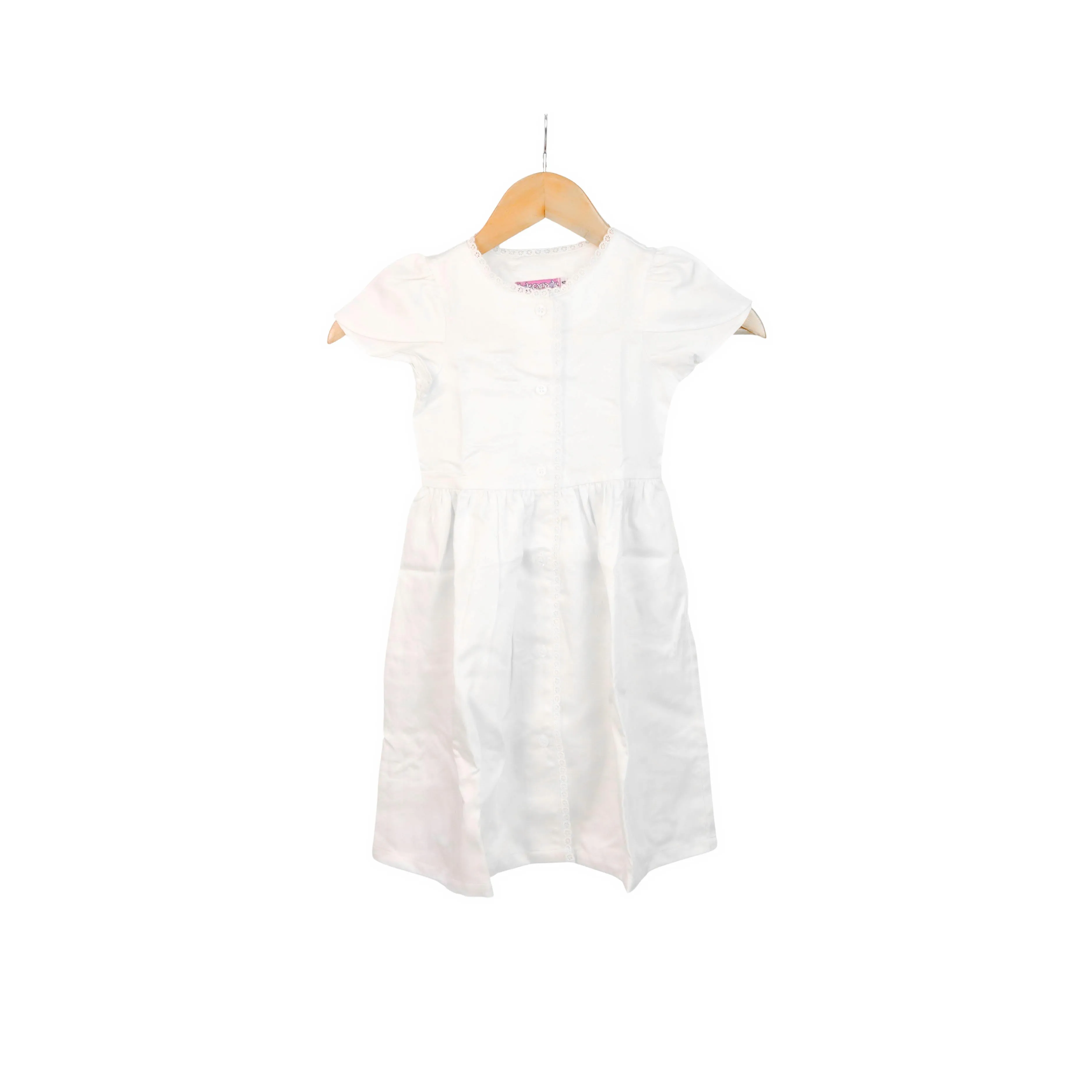 Kidscapade P. Cabbage Sleeves Plain Dress with Lace - White