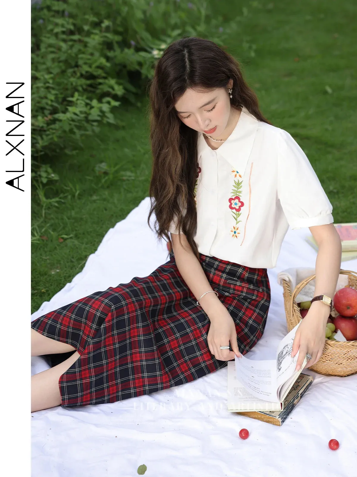 LVSANW ALXNAN Women Vintage Red Plaid Skirt Female 2024 Spring Summer Straight Midi Skirts for Girl Lady Woman Clothing LXN30215