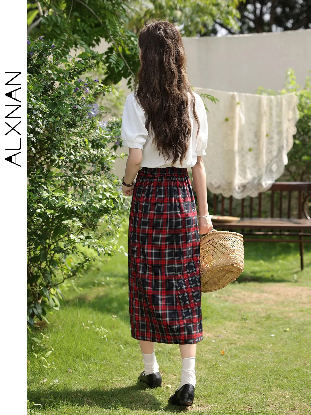 LVSANW ALXNAN Women Vintage Red Plaid Skirt Female 2024 Spring Summer Straight Midi Skirts for Girl Lady Woman Clothing LXN30215