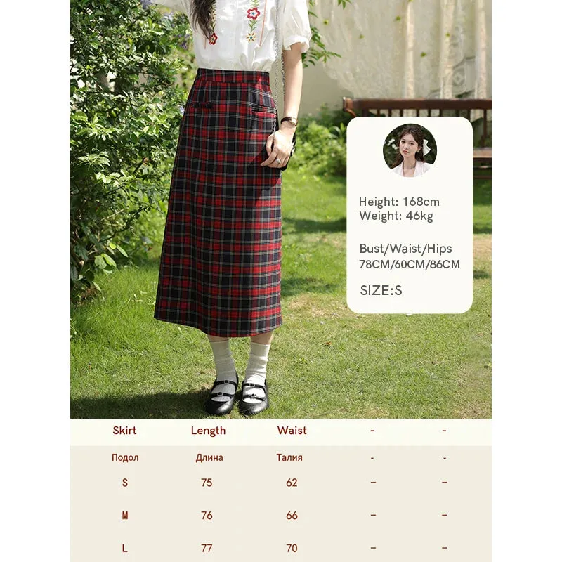 LVSANW ALXNAN Women Vintage Red Plaid Skirt Female 2024 Spring Summer Straight Midi Skirts for Girl Lady Woman Clothing LXN30215