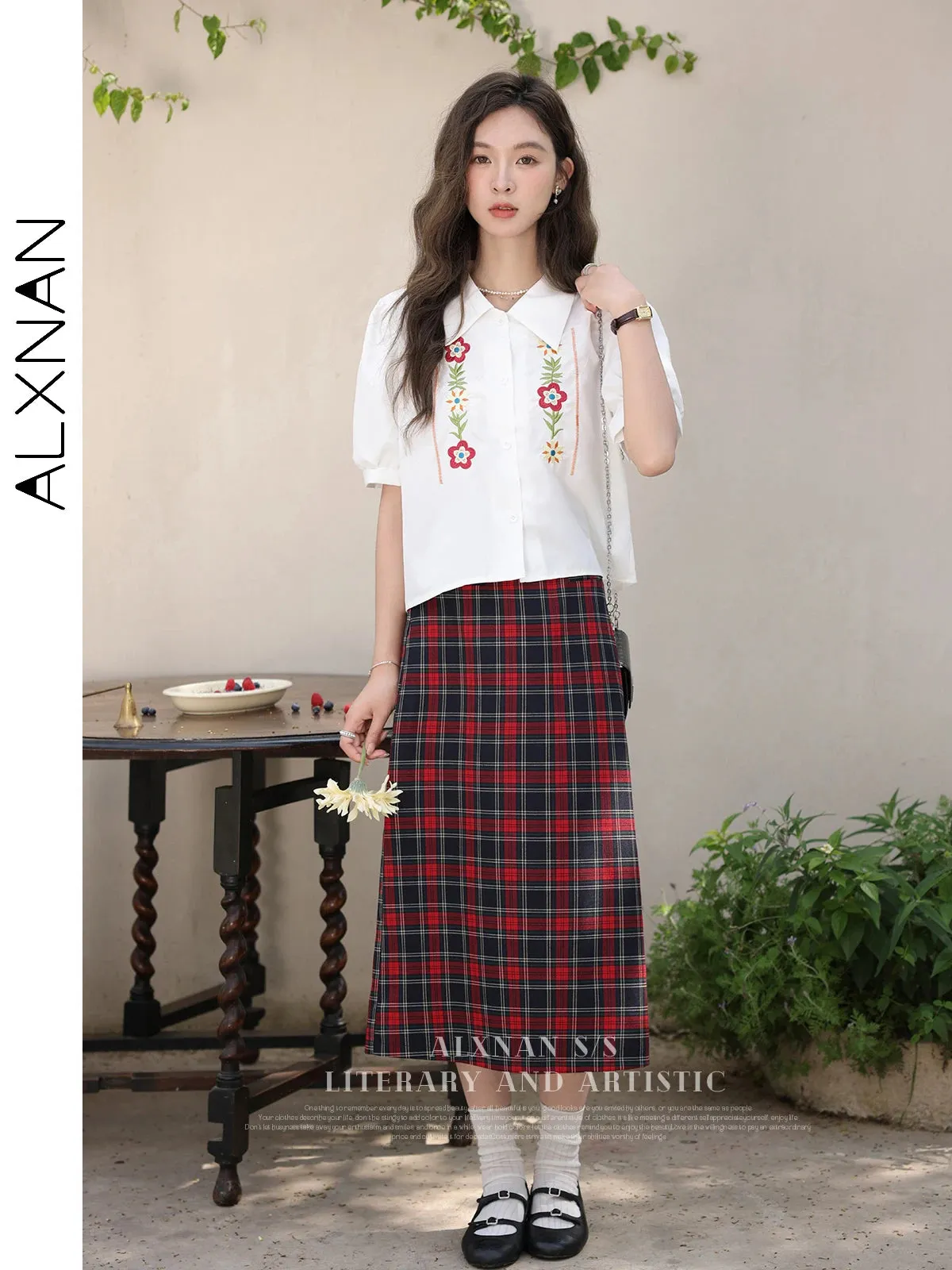 LVSANW ALXNAN Women Vintage Red Plaid Skirt Female 2024 Spring Summer Straight Midi Skirts for Girl Lady Woman Clothing LXN30215