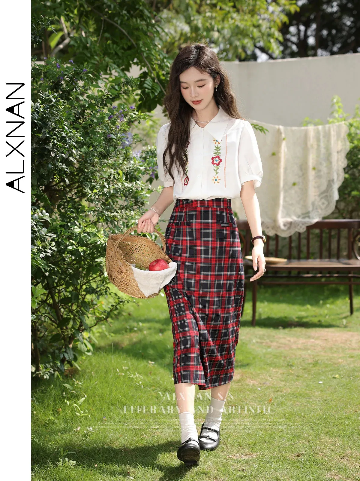 LVSANW ALXNAN Women Vintage Red Plaid Skirt Female 2024 Spring Summer Straight Midi Skirts for Girl Lady Woman Clothing LXN30215