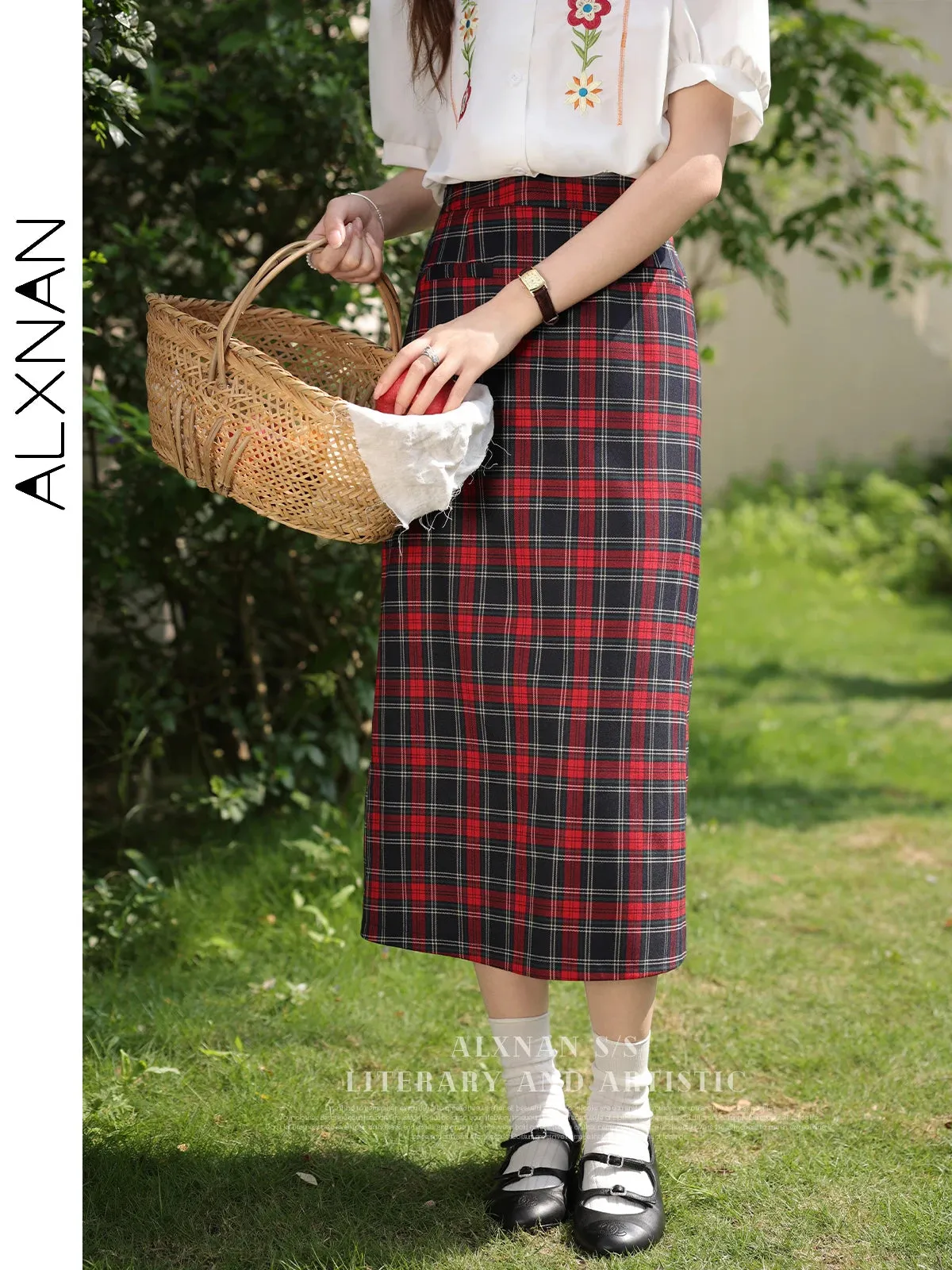 LVSANW ALXNAN Women Vintage Red Plaid Skirt Female 2024 Spring Summer Straight Midi Skirts for Girl Lady Woman Clothing LXN30215