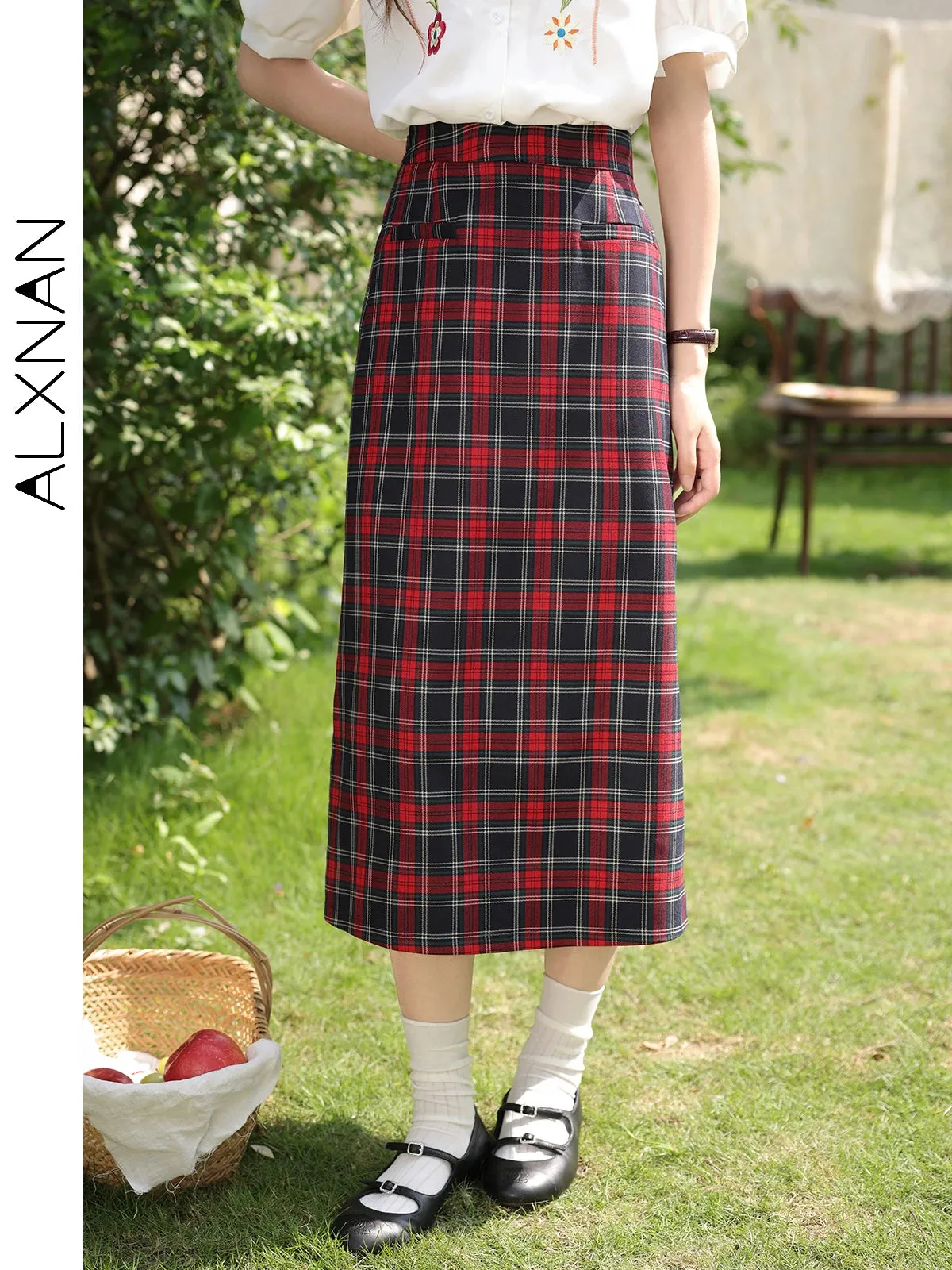 LVSANW ALXNAN Women Vintage Red Plaid Skirt Female 2024 Spring Summer Straight Midi Skirts for Girl Lady Woman Clothing LXN30215