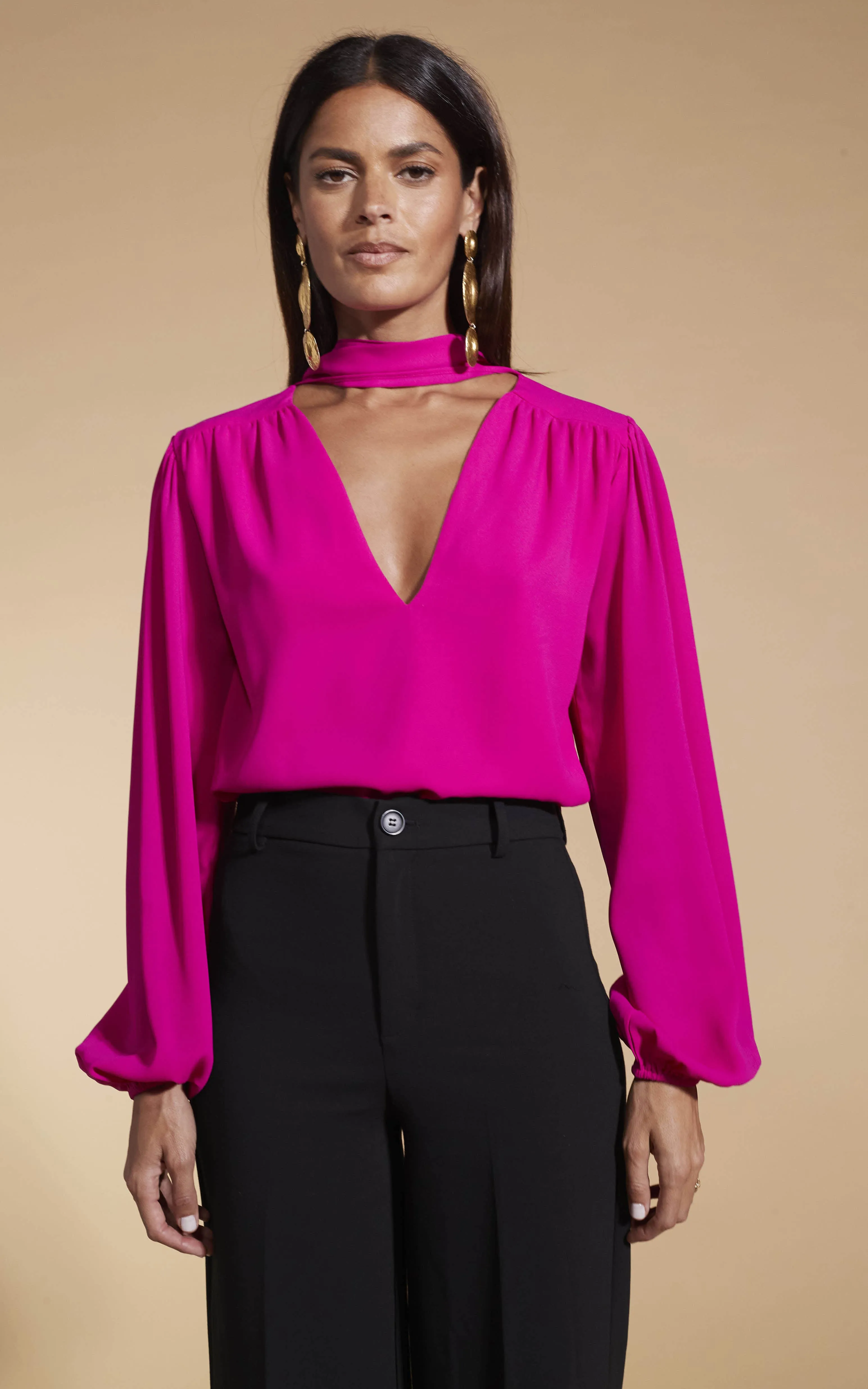 Lyma (multi-way) Tie Neck Top In Solid Magenta