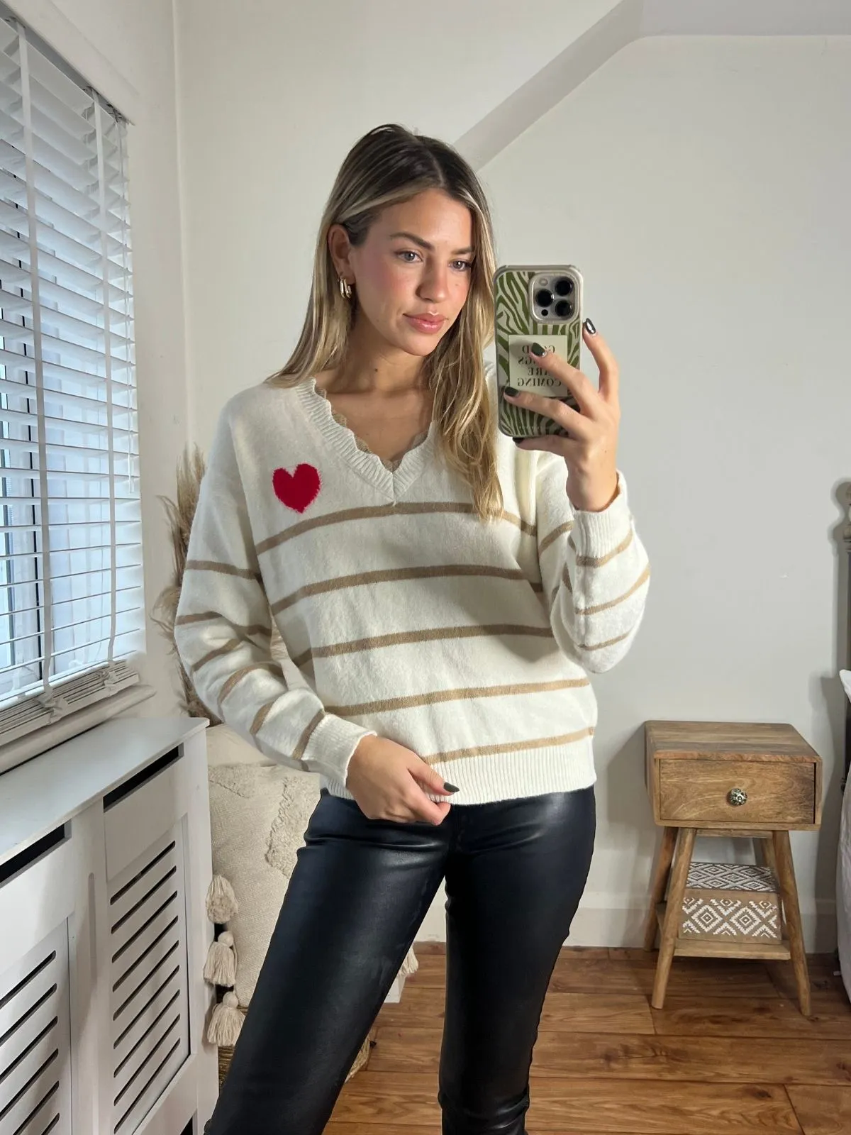 Paris Striped Heart Knitted V Neck Jumper / Cream