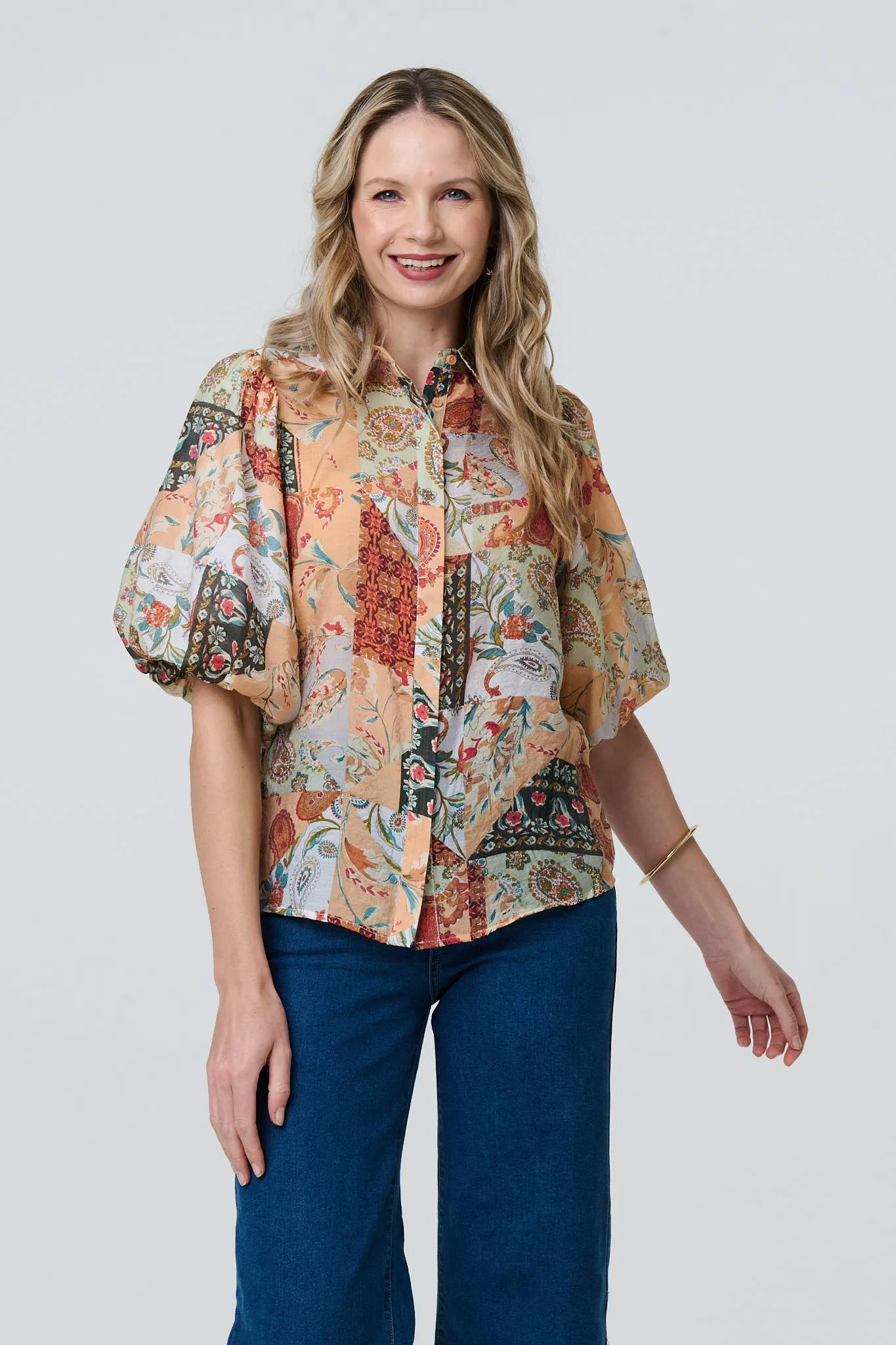 Patchwork Print 1/2 Puff Sleeve Shirt