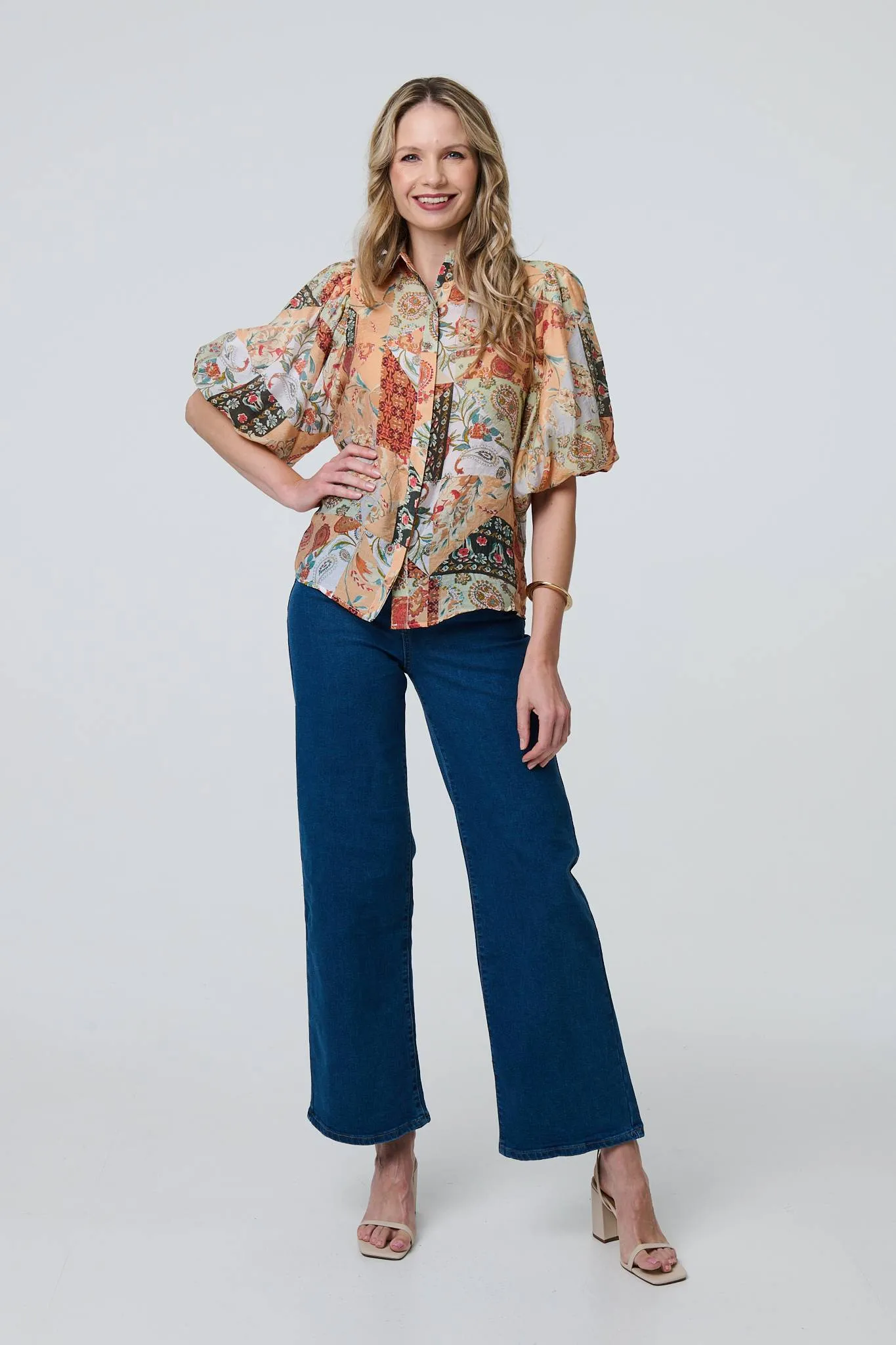 Patchwork Print 1/2 Puff Sleeve Shirt