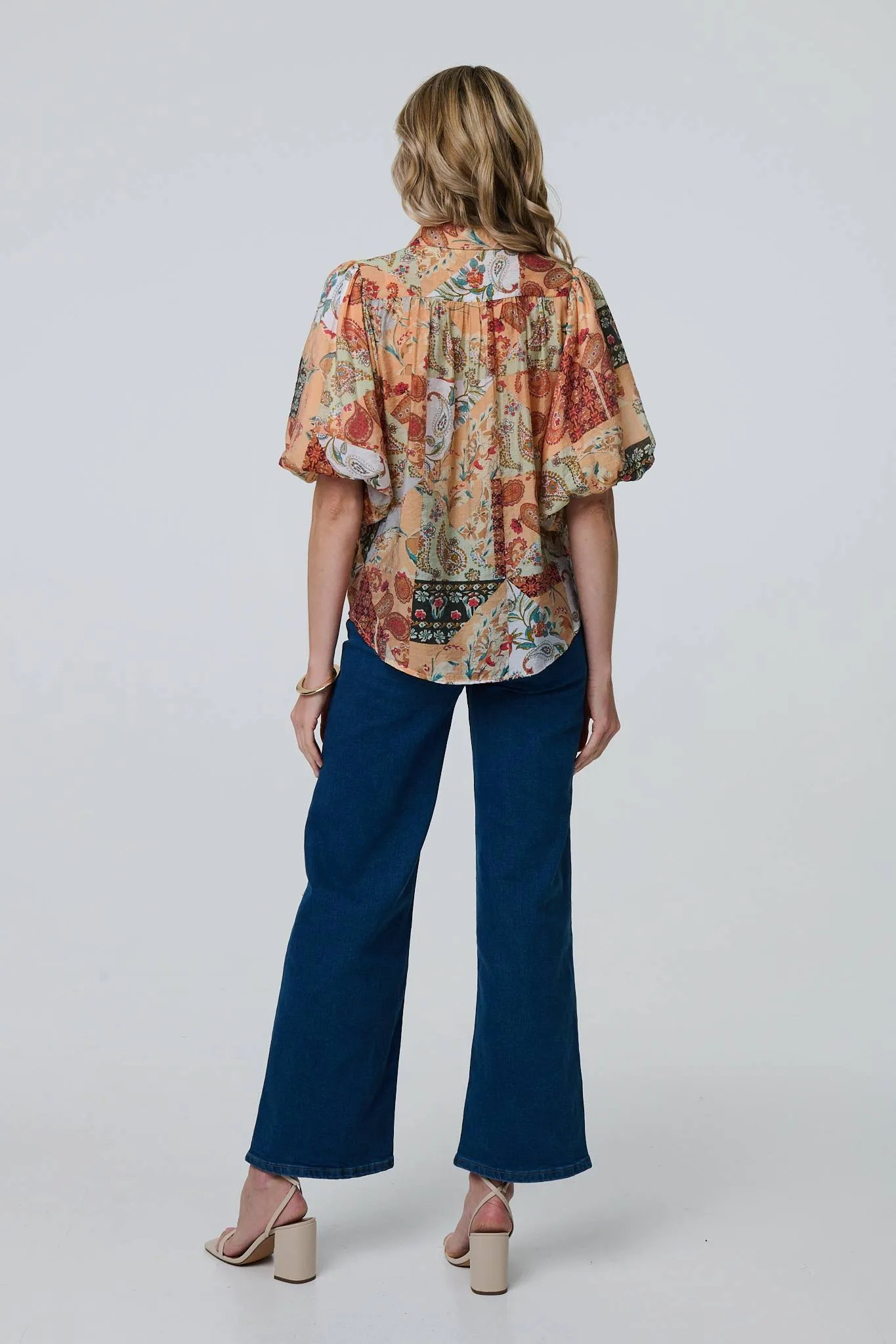 Patchwork Print 1/2 Puff Sleeve Shirt