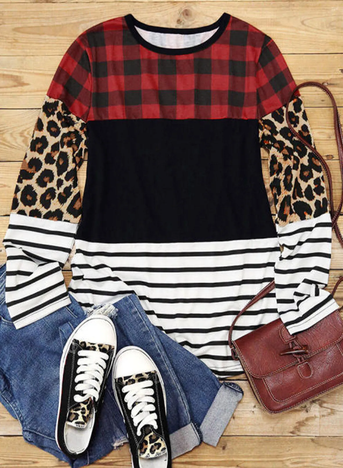 Plaid Print Leopard Splicing Striped Color Block Long Sleeve Top