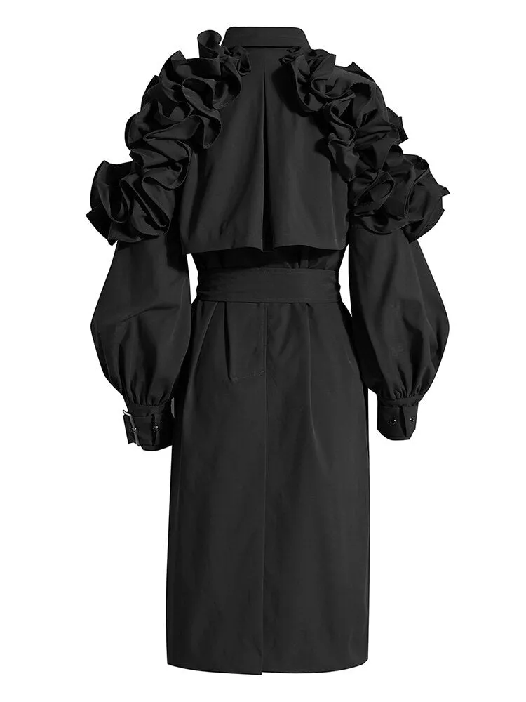 Ruffle Trim Trench Coat For Women Lapel Long Sleeve Sashes Ruched Solid Korean Coats Female Clothes Autumn