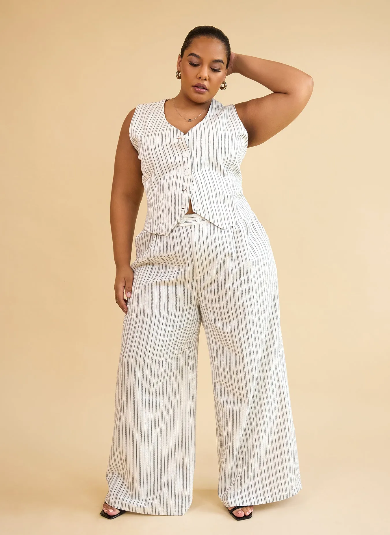 Tillie Linen Stripe Wide Leg Pants W. Pockets