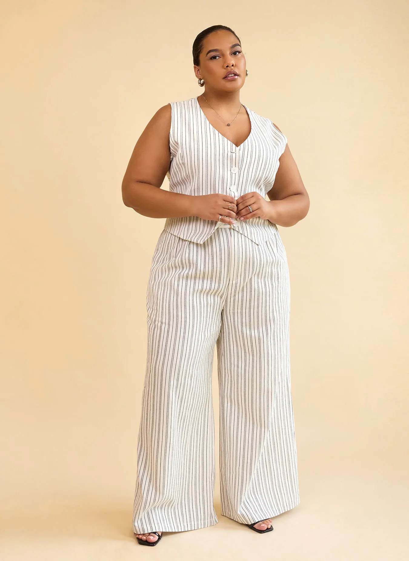 Tillie Linen Stripe Wide Leg Pants W. Pockets