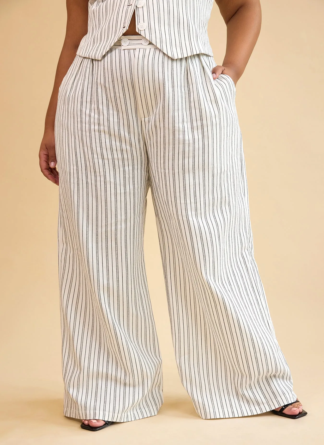 Tillie Linen Stripe Wide Leg Pants W. Pockets