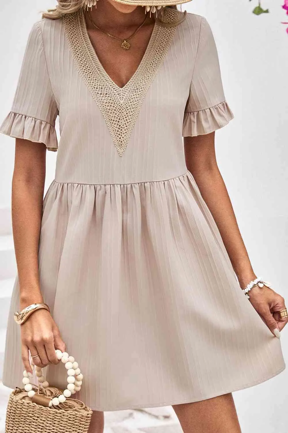 V-Neck Flounce Sleeve A-Line Dress