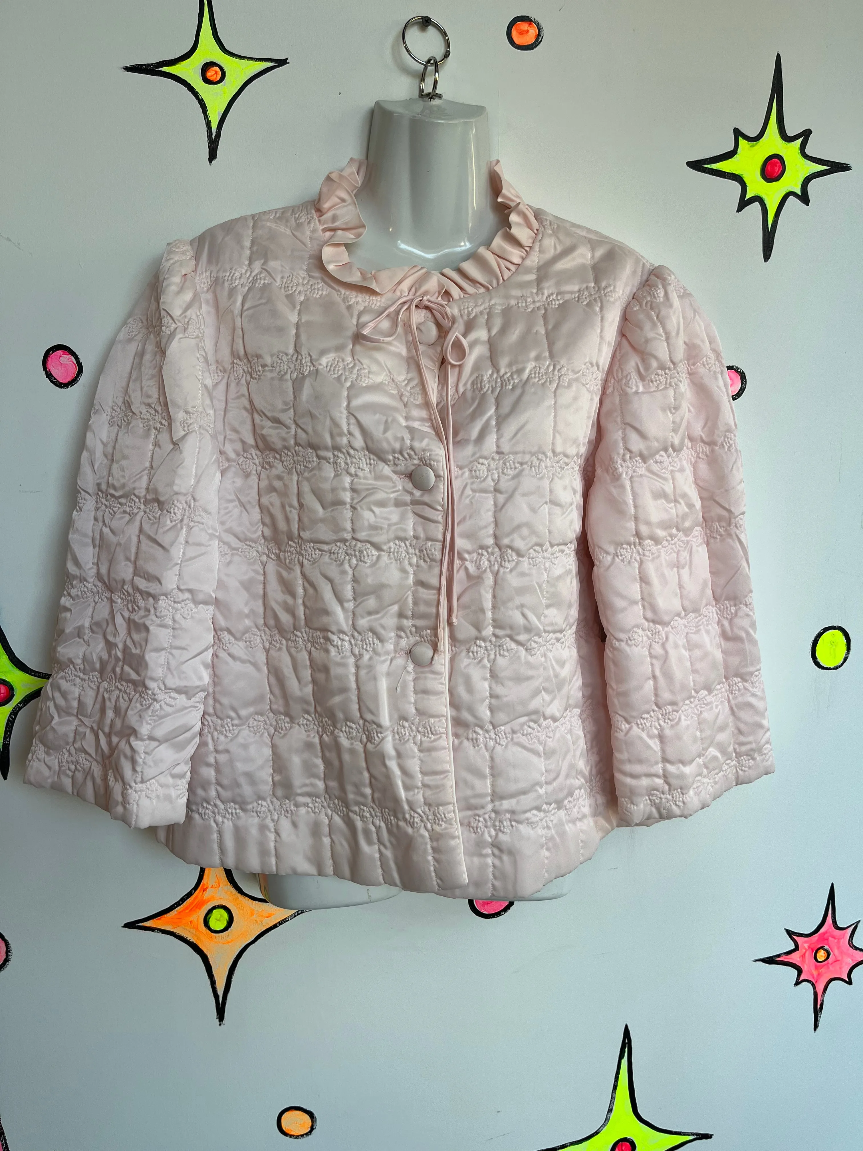 Vintage 50s 60s | Pink Quilted Babydoll Pegnoir Nighty Robe Bed Jacket | Size M