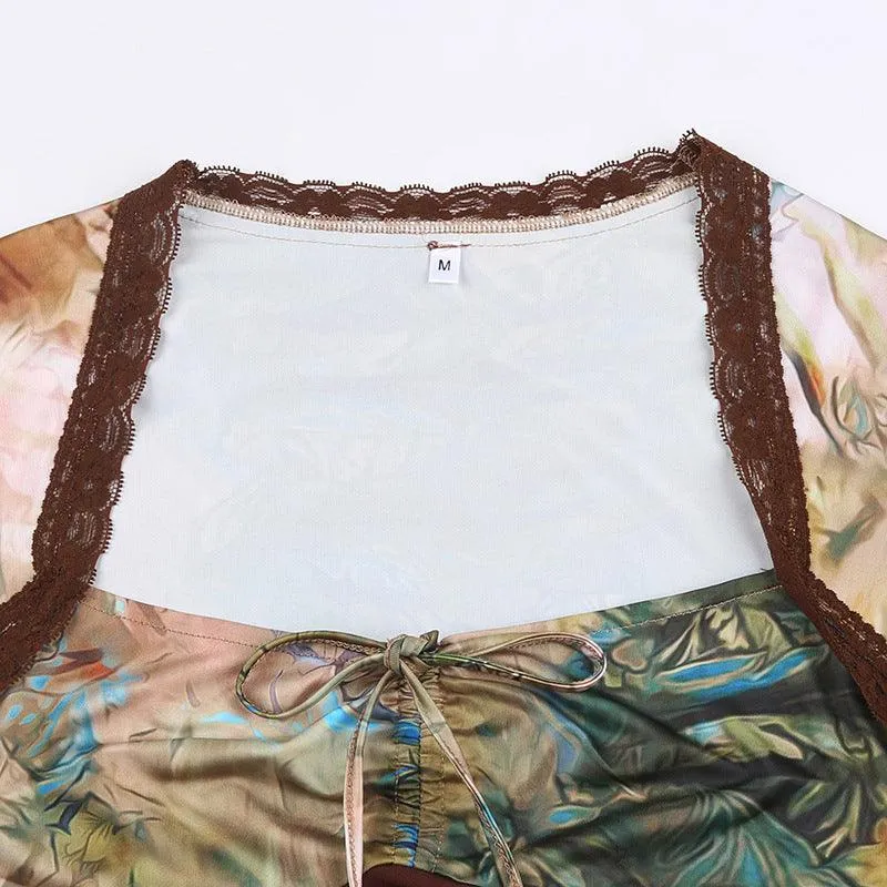 Vintage Floral Drawstring V Neck Long Sleeve Top