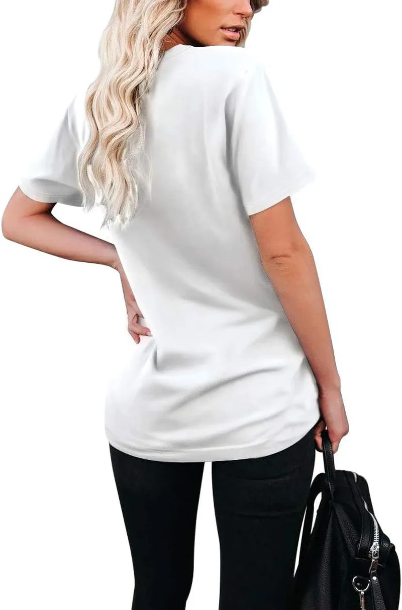 Women Summer T Shirts Short Sleeve Rounded V Neck Pocket Tee Tops