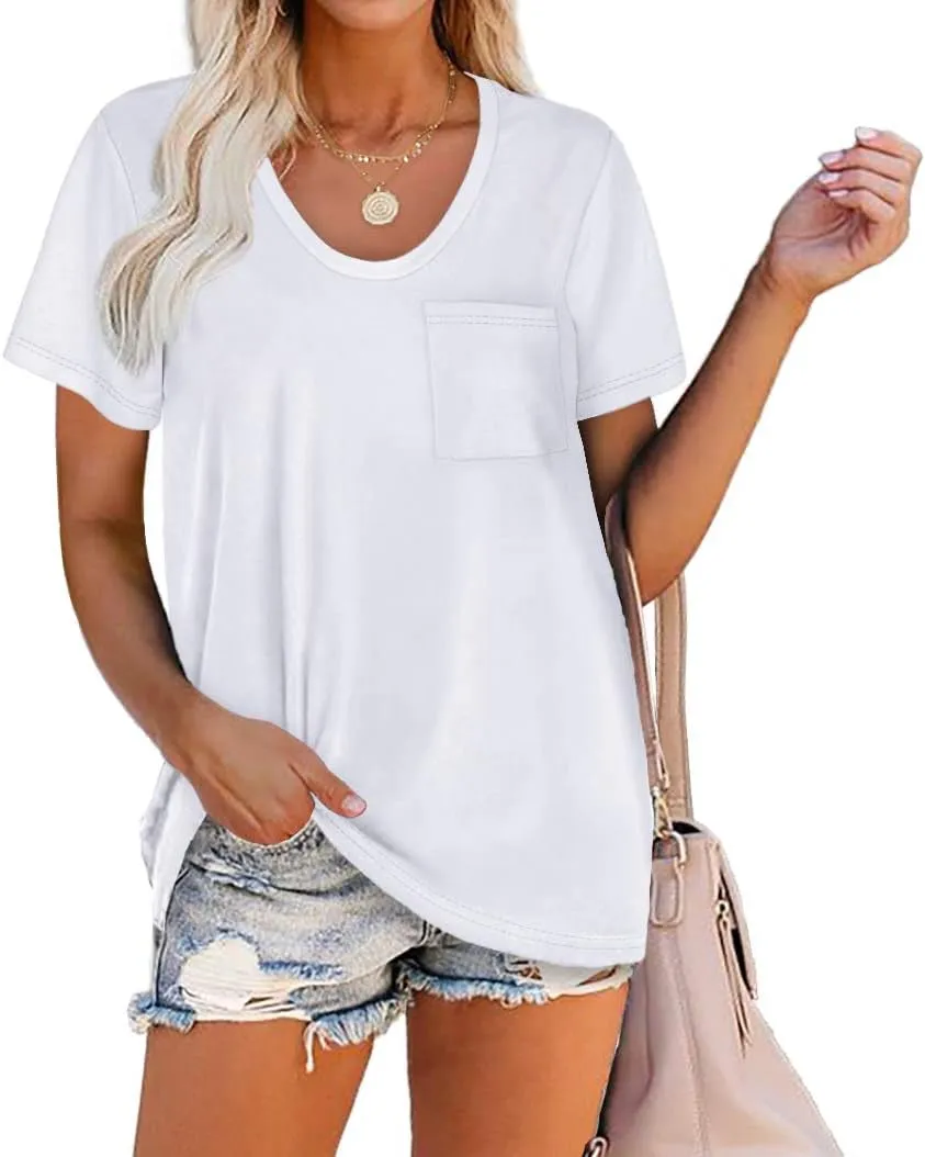 Women Summer T Shirts Short Sleeve Rounded V Neck Pocket Tee Tops