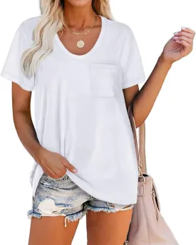 Women Summer T Shirts Short Sleeve Rounded V Neck Pocket Tee Tops