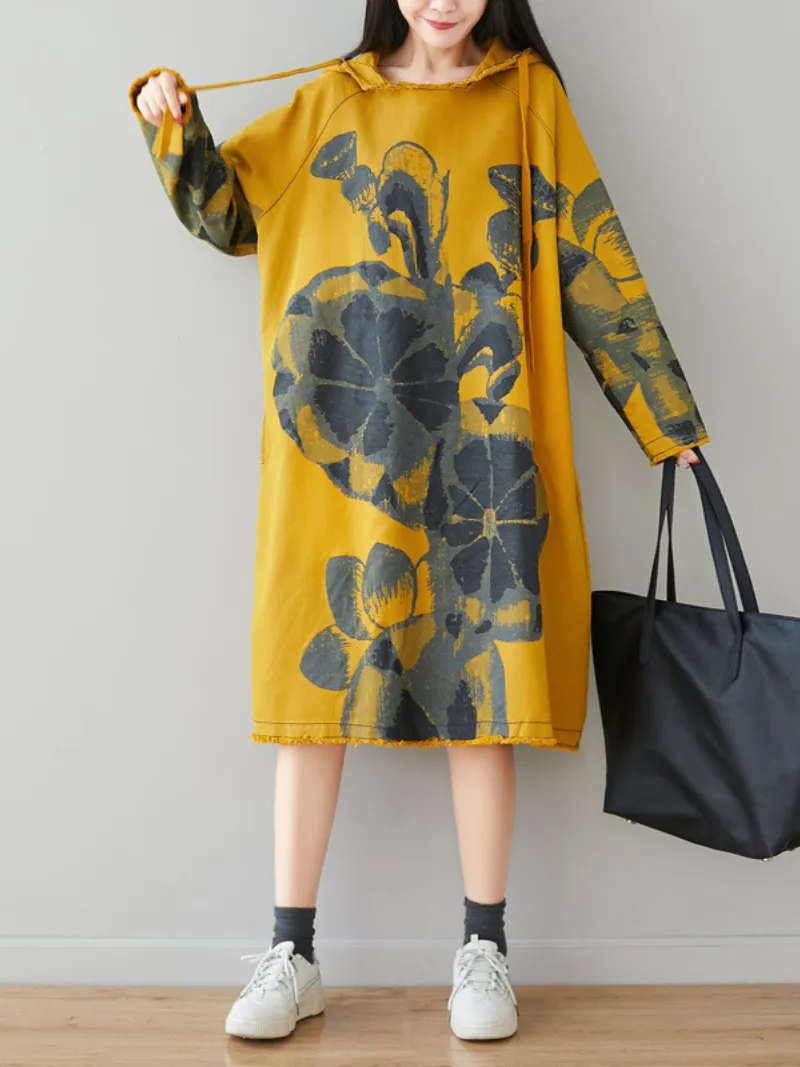 Women's Everyday Wear Mid-Length Printed Hoodie Dress