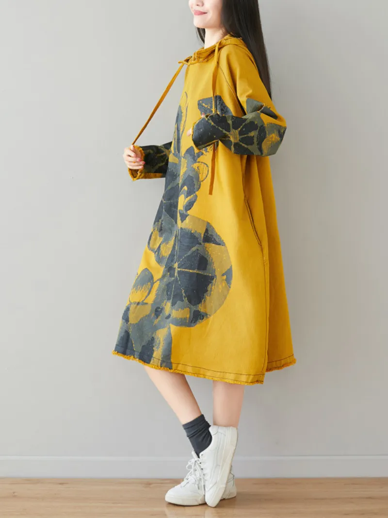 Women's Everyday Wear Mid-Length Printed Hoodie Dress